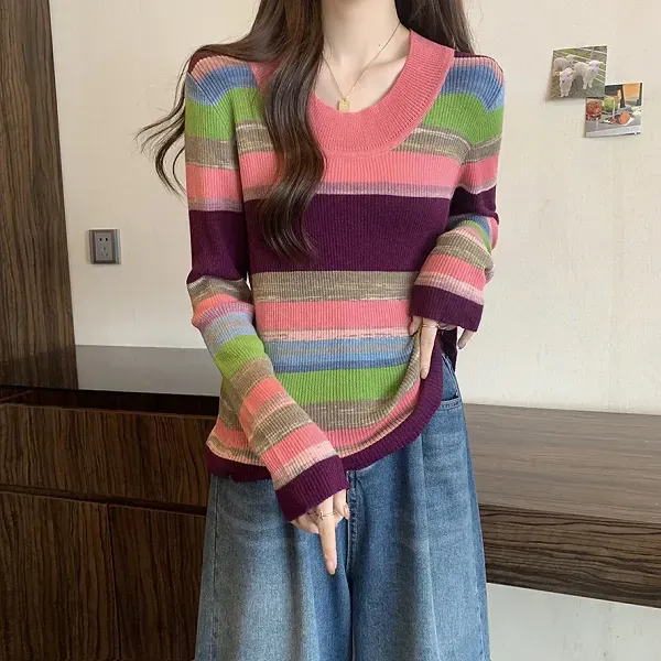 Colorful Striped Ribbed Pattern Women Long Sleeve Sweater Top