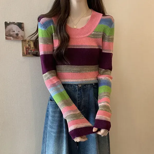 Thumbnail of Colorful Striped Ribbed Pattern Women Long Sleeve Sweater Top