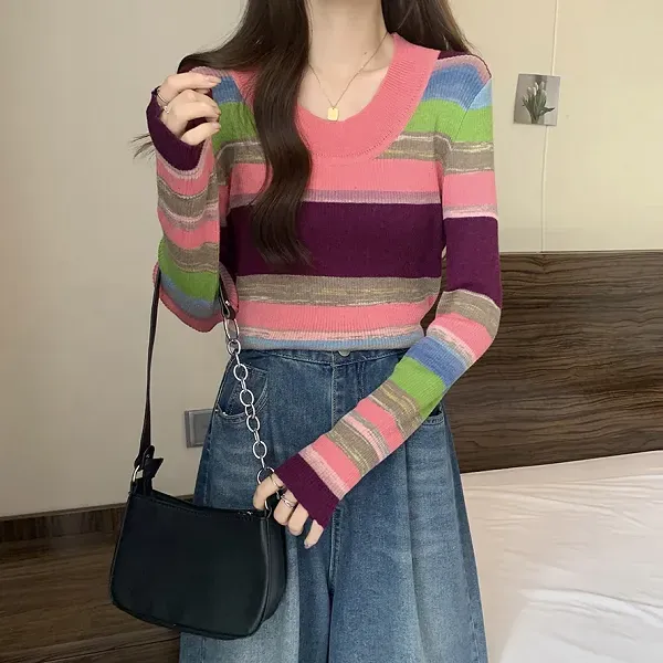 Thumbnail of Colorful Striped Ribbed Pattern Women Long Sleeve Sweater Top