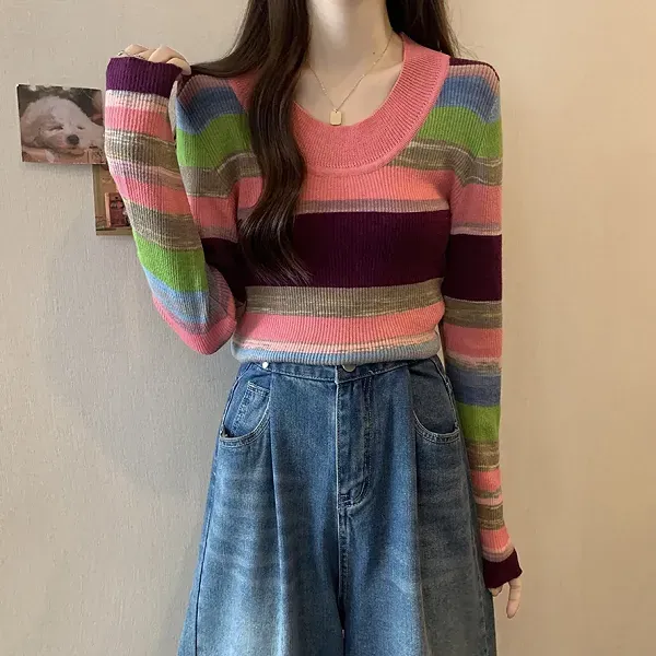 Colorful Striped Ribbed Pattern Women Long Sleeve Sweater Top