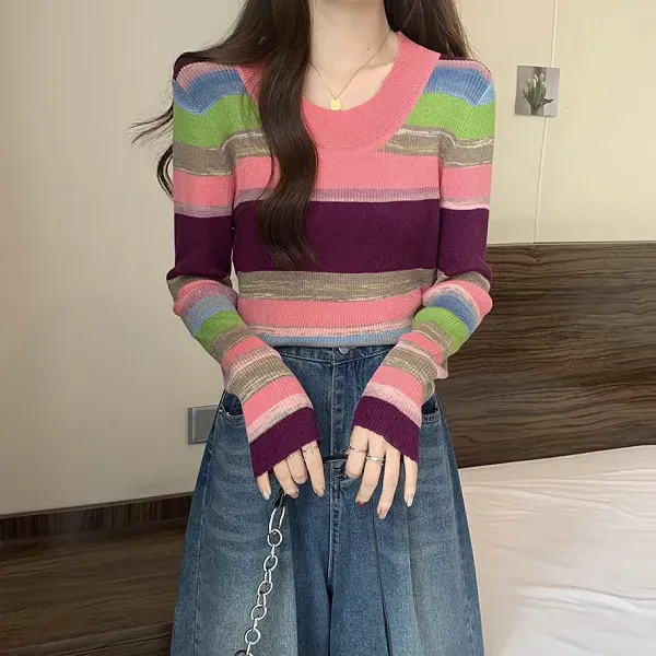Thumbnail of Colorful Striped Ribbed Pattern Women Long Sleeve Sweater Top