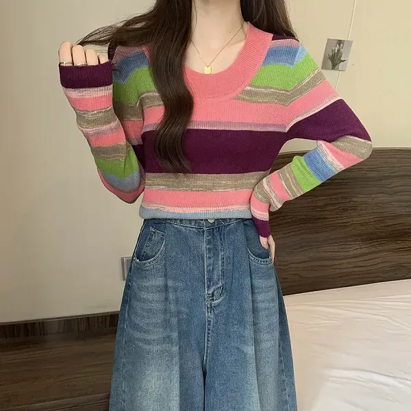 Colorful Striped Ribbed Pattern Women Long Sleeve Sweater Top