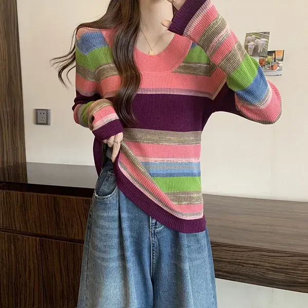 Thumbnail of Colorful Striped Ribbed Pattern Women Long Sleeve Sweater Top