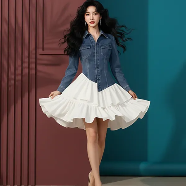 Thumbnail of Denim Jacket Style Women Formal Wear Mini White Ruffle Dress