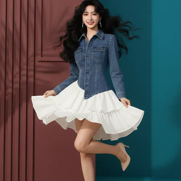 Denim Jacket Style Women Formal Wear Mini White Ruffle Dress