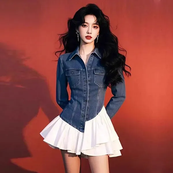 Thumbnail of Denim Jacket Style Women Formal Wear Mini White Ruffle Dress