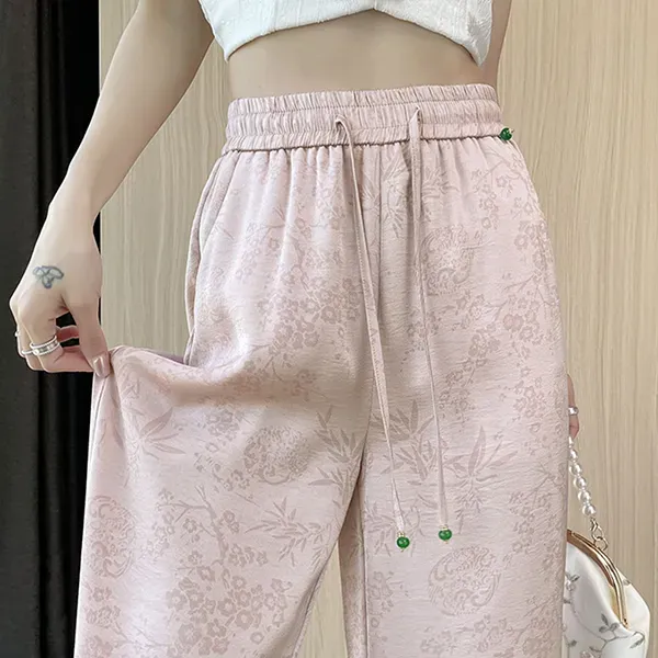 Women's Comfortable Pink Satin Floral Wide Leg Pants