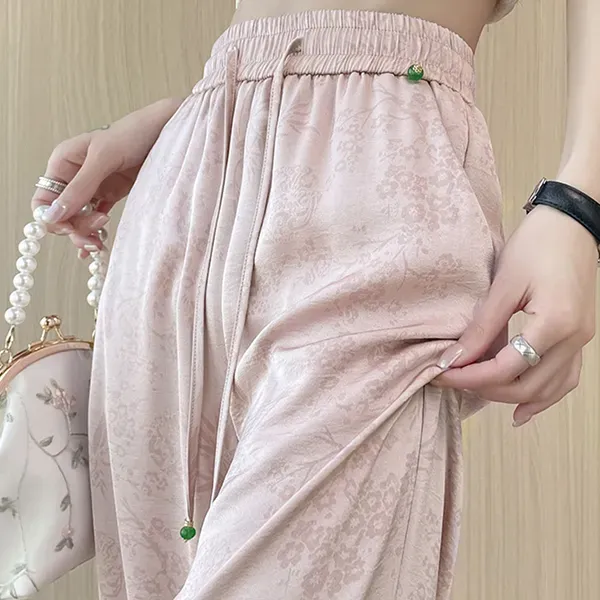 Women's Comfortable Pink Satin Floral Wide Leg Pants