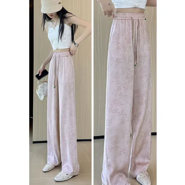 Women's Comfortable Pink Satin Floral Wide Leg Pants