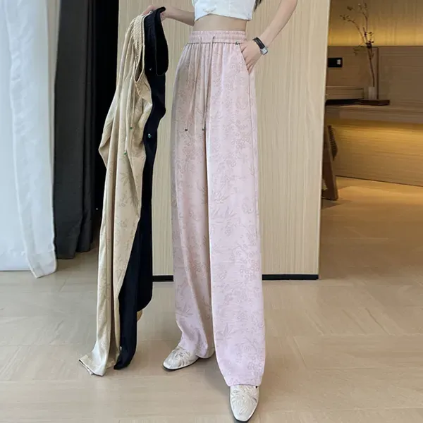 Women's Comfortable Pink Satin Floral Wide Leg Pants