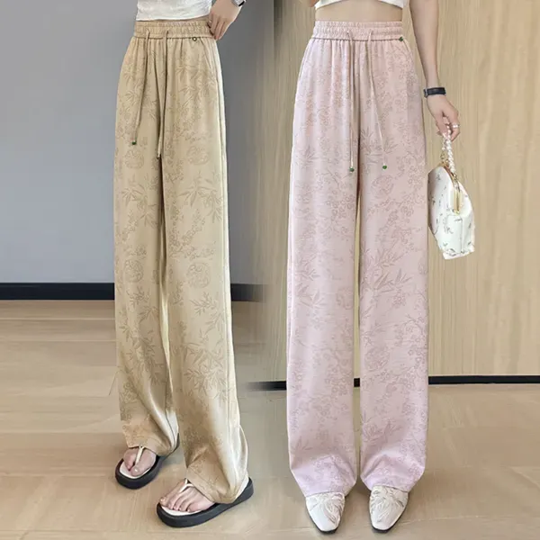 Women's Comfortable Pink Satin Floral Wide Leg Pants