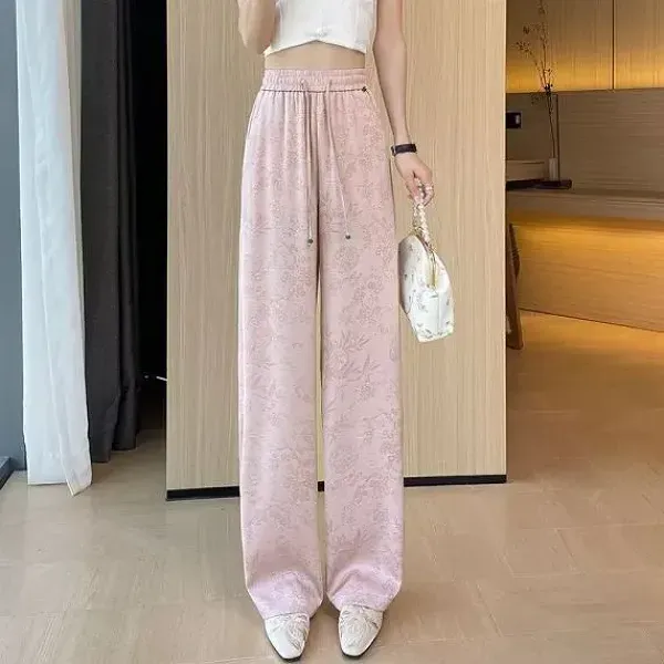 Women's Comfortable Pink Satin Floral Wide Leg Pants