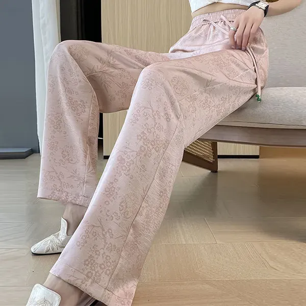 Women's Comfortable Pink Satin Floral Wide Leg Pants