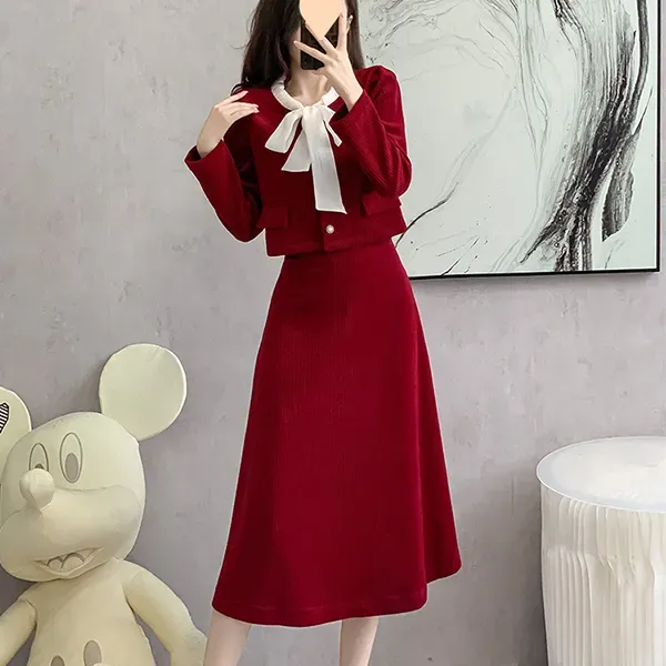 Chic Red Color A-Line Skirt and Jacket Set With Bow Tie
