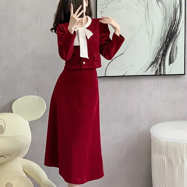 Chic Red Color A-Line Skirt and Jacket Set With Bow Tie
