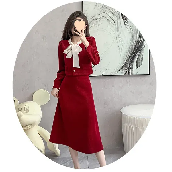 Thumbnail of Chic Red Color A-Line Skirt and Jacket Set With Bow Tie