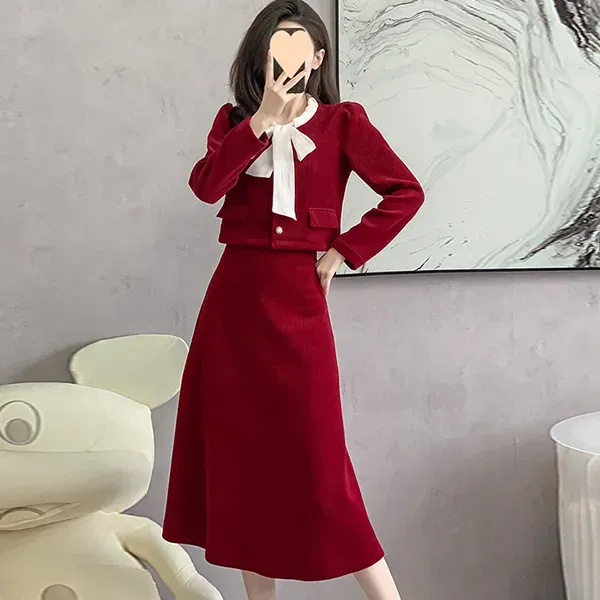 Chic Red Color A-Line Skirt and Jacket Set With Bow Tie