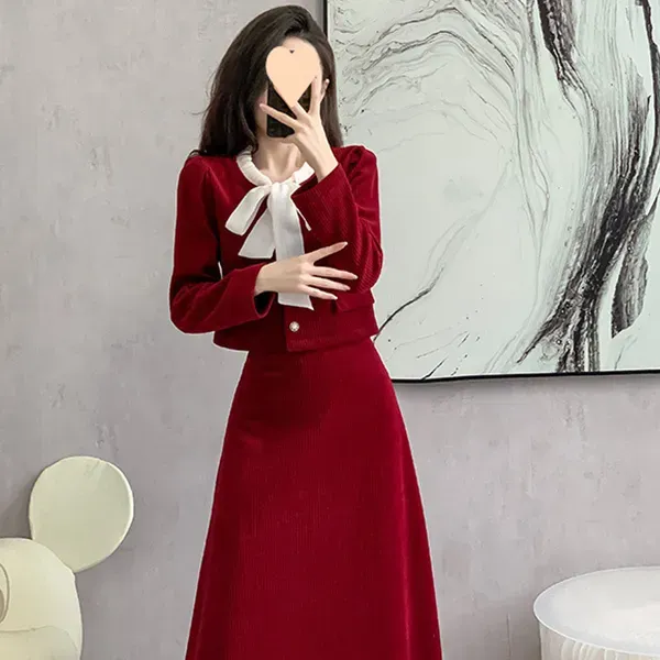 Chic Red Color A-Line Skirt and Jacket Set With Bow Tie