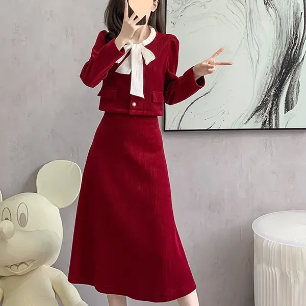 Chic Red Color A-Line Skirt and Jacket Set With Bow Tie