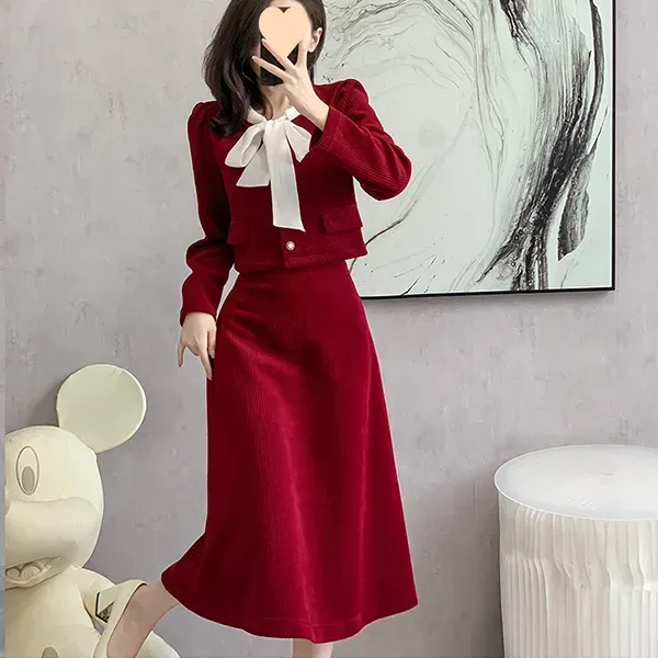 Chic Red Color A-Line Skirt and Jacket Set With Bow Tie