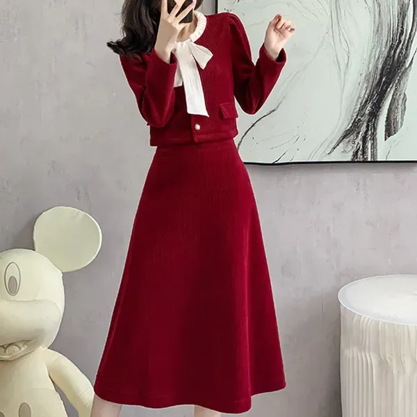 Thumbnail of Chic Red Color A-Line Skirt and Jacket Set With Bow Tie