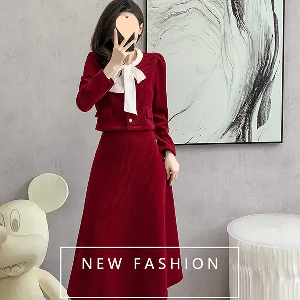Chic Red Color A-Line Skirt and Jacket Set With Bow Tie