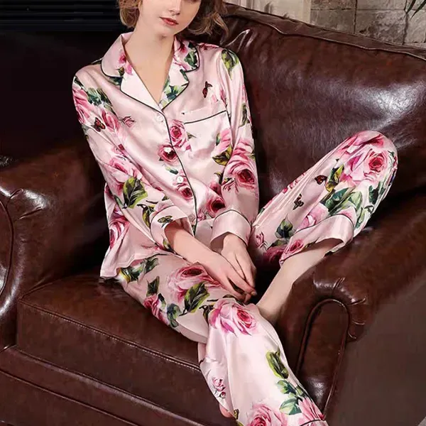 Pink Rose Floral Satin Silk  Night Sleepwear Pajama Set