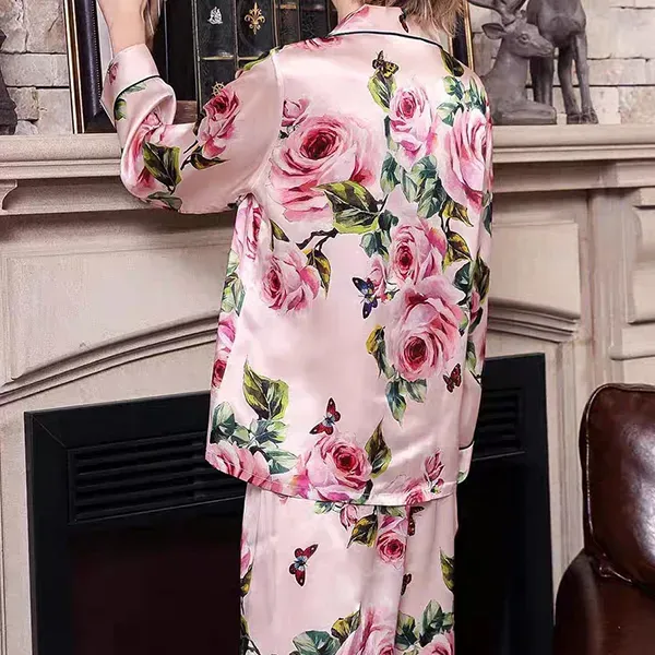 Thumbnail of Pink Rose Floral Satin Silk  Night Sleepwear Pajama Set