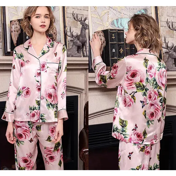 Thumbnail of Pink Rose Floral Satin Silk  Night Sleepwear Pajama Set