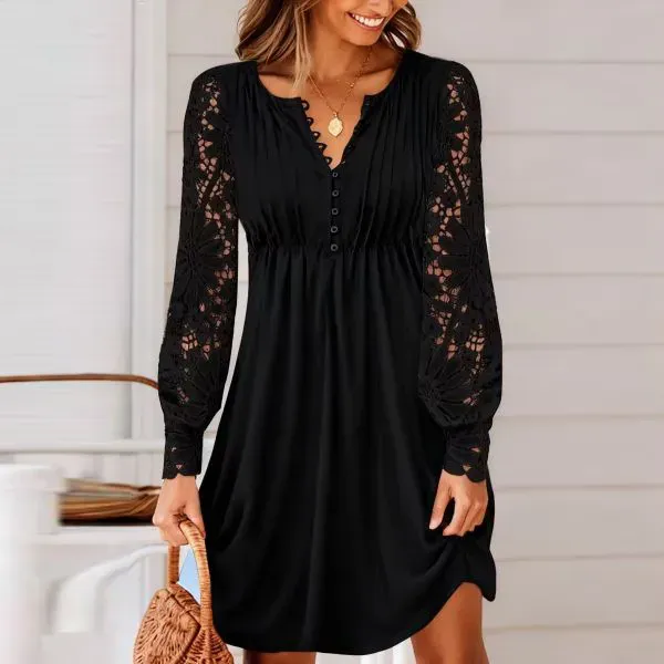 Black V-Neck Lace Sleeve Pleated Mini Dress