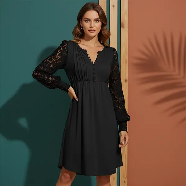 Black V-Neck Lace Sleeve Pleated Mini Dress
