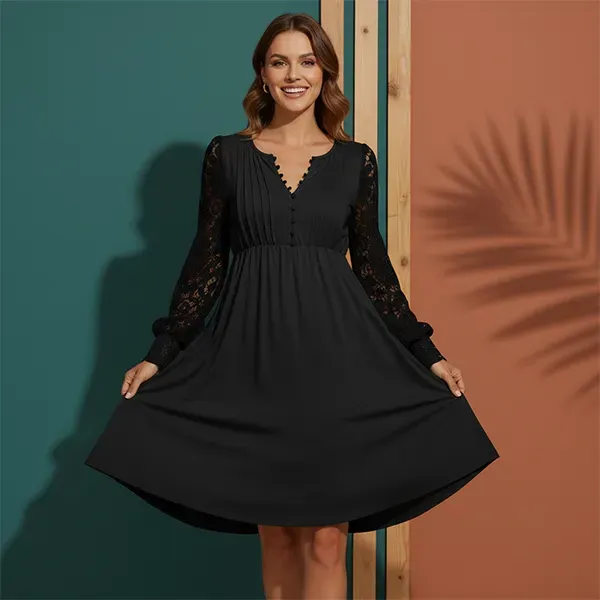 Thumbnail of Black V-Neck Lace Sleeve Pleated Mini Dress