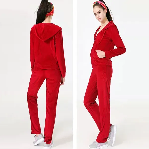 Velour Zip-Up Hoodie High Waist Tracksuit