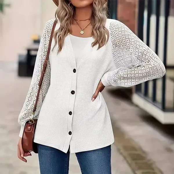 Hollow Detail Lace Sleeve Knit Top