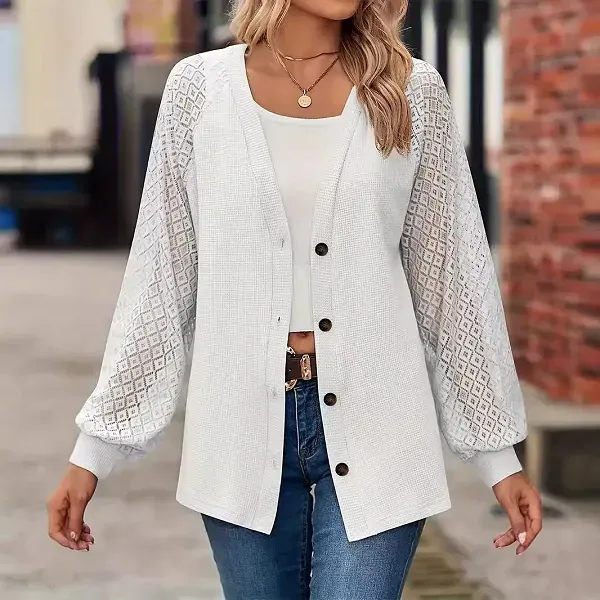 Hollow Detail Lace Sleeve Knit Top