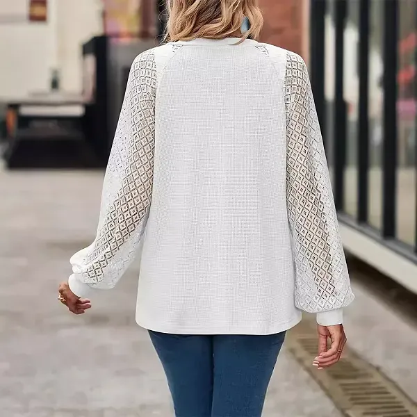Hollow Detail Lace Sleeve Knit Top