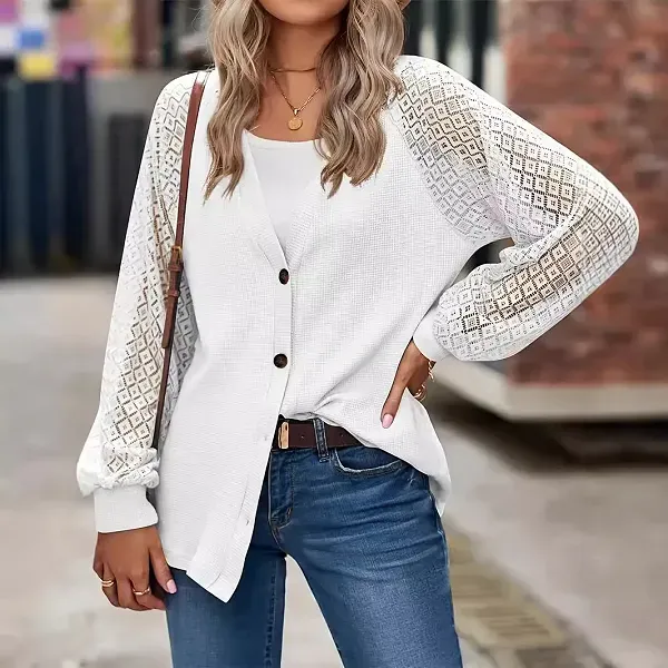 Hollow Detail Lace Sleeve Knit Top