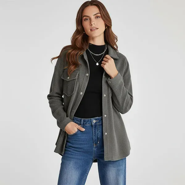 Ribbed Button-Up Long Sleeve