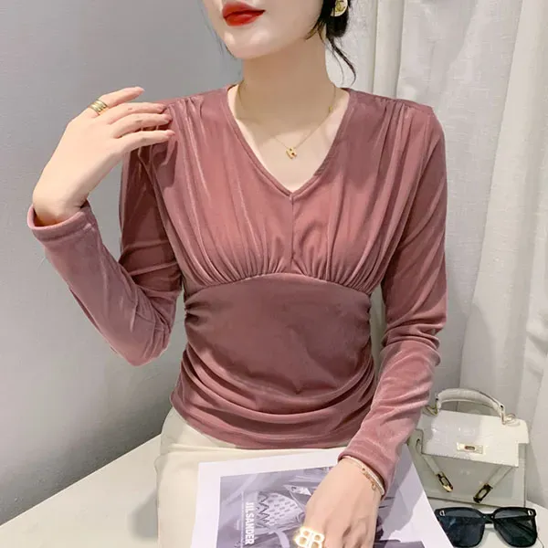 Elegant Velvet Pleated Long Sleeve Top