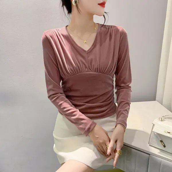 Elegant Velvet Pleated Long Sleeve Top