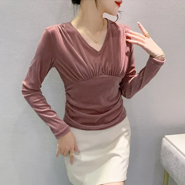 Elegant Velvet Pleated Long Sleeve Top