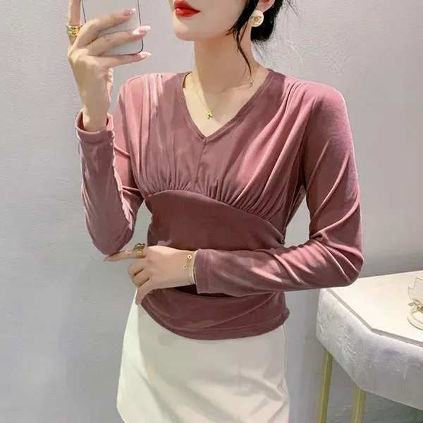 Elegant Velvet Pleated Long Sleeve Top
