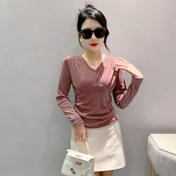 Elegant Velvet Pleated Long Sleeve Top