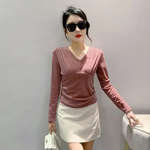 Elegant Velvet Pleated Long Sleeve Top