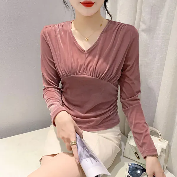 Elegant Velvet Pleated Long Sleeve Top