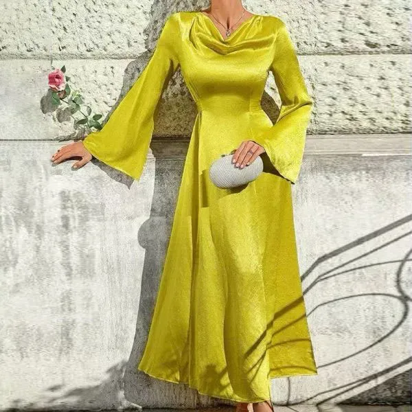Satin Drape Neck Flowing Long Sleeve Dress