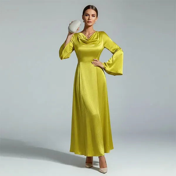 Satin Drape Neck Flowing Long Sleeve Dress