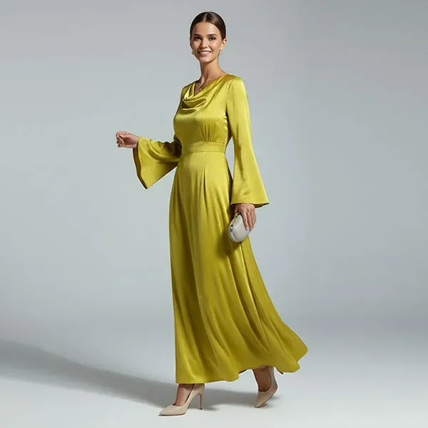 Satin Drape Neck Flowing Long Sleeve Dress