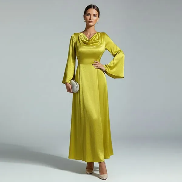 Satin Drape Neck Flowing Long Sleeve Dress
