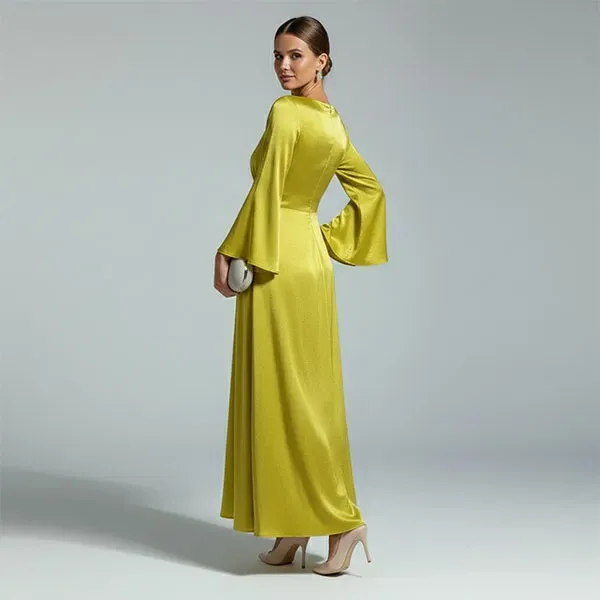 Satin Drape Neck Flowing Long Sleeve Dress